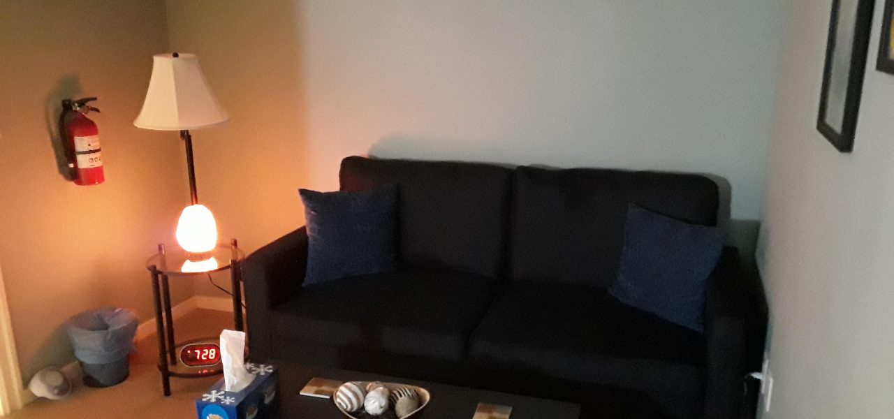 Photo of Desiree's office with couch and coffee table in a peaceful environment.